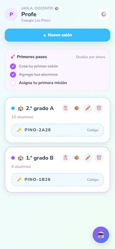 Panel del docente con dos salones