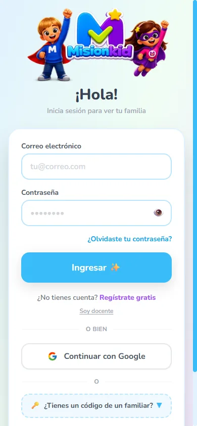 Pantalla de ingreso de Misionkid