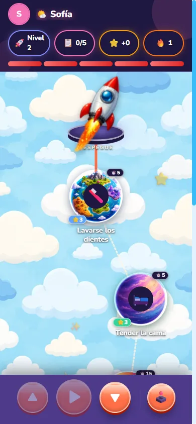 Mapa con planetas, cohete y barra de botones