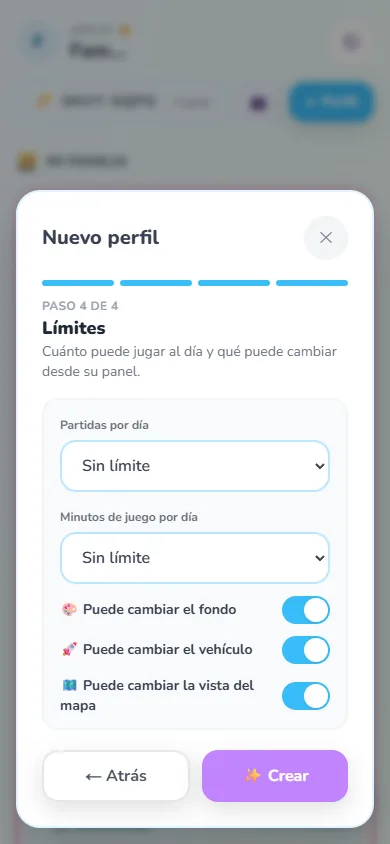 Opciones de límites diarios y control parental